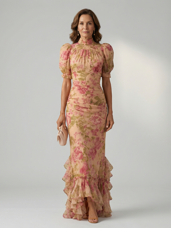 Vestido Maxi Floral Colarinho Alto Manga Bufante
