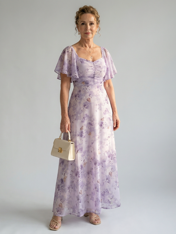 Vestido Longo Floral Manga Borboleta Decote Quadrado