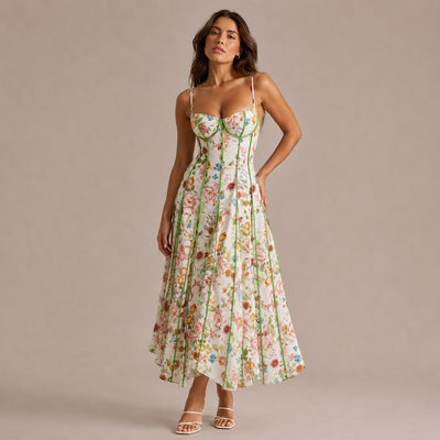 Vestido Corpete Floral Nervuras