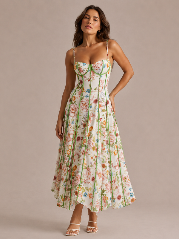 Vestido Corpete Floral Nervuras