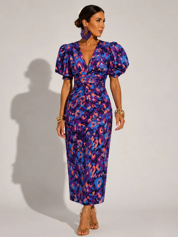 Vestido Longo Decote V Mangas Balão Floral