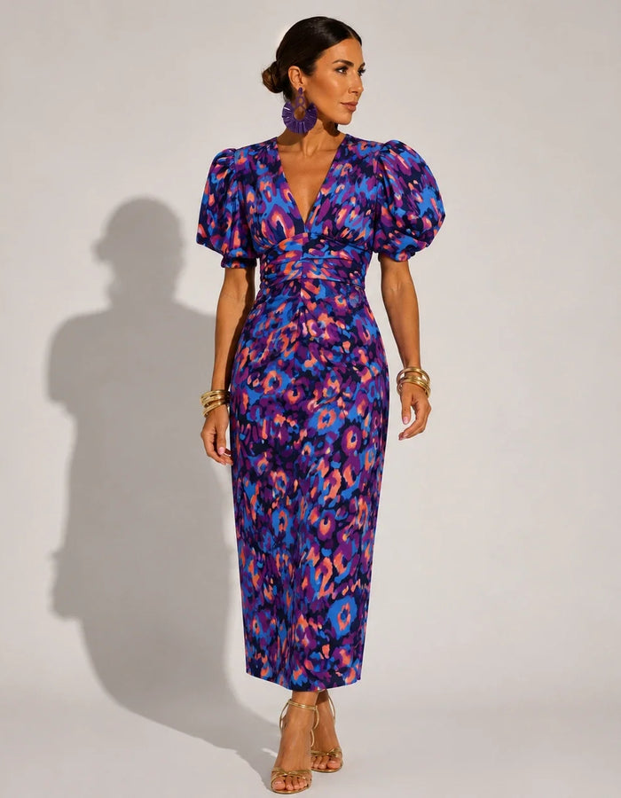 Vestido Longo Decote V Mangas Balão Floral