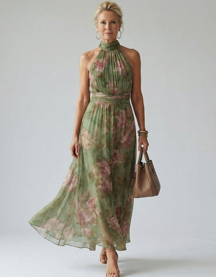 Vestido Midi Halter Floral Franzido