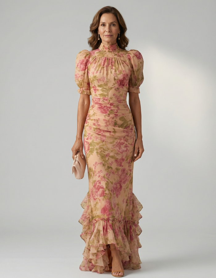 Vestido Maxi Floral Colarinho Alto Manga Bufante