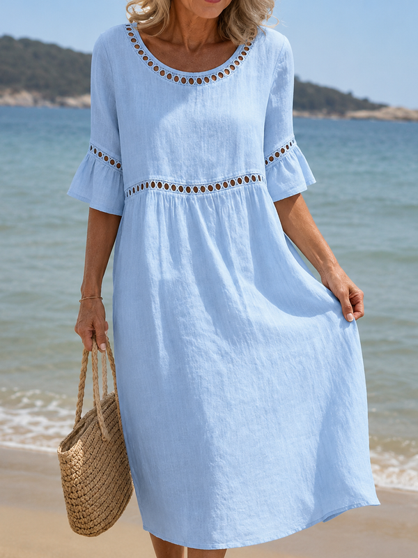 Vestido Longo Linho Bordado Vazado