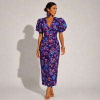 Vestido Longo Decote V Mangas Balão Floral