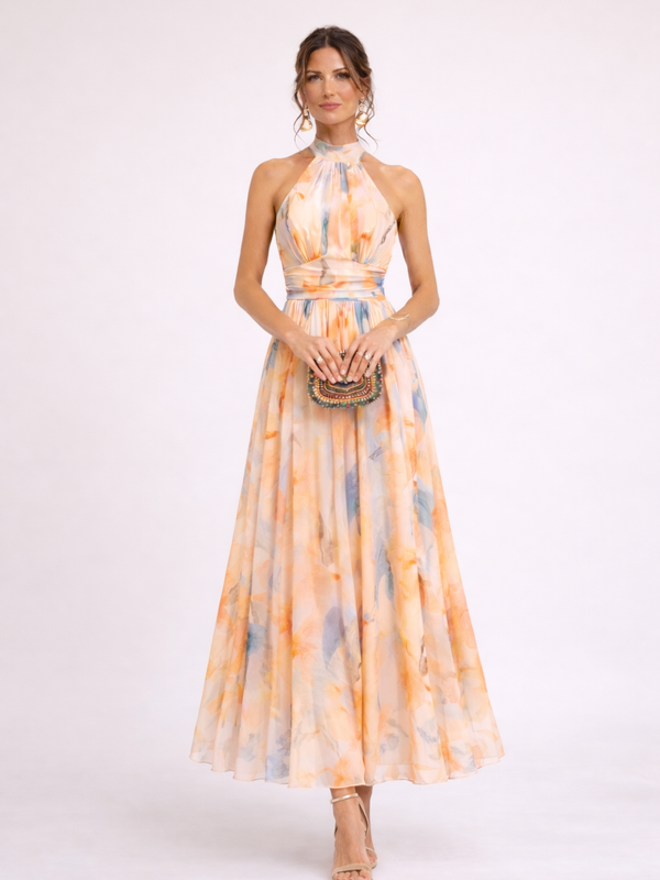Vestido Midi Halter Estampado Aguarela