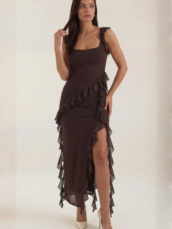 Vestido Longo Decote Quadrado Volantes