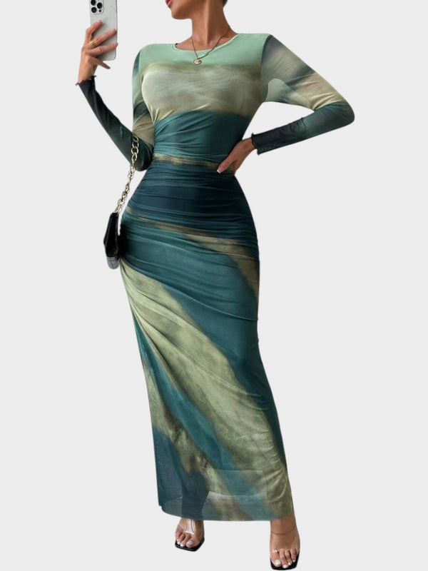 Vestido Longo Justo Manga Comprida Degradê