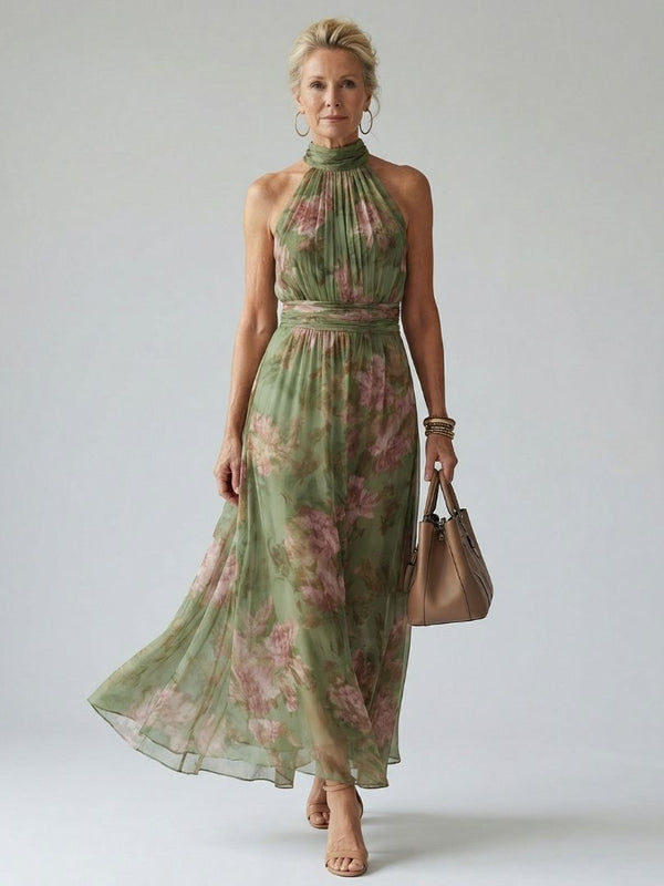 Vestido Midi Halter Floral Franzido